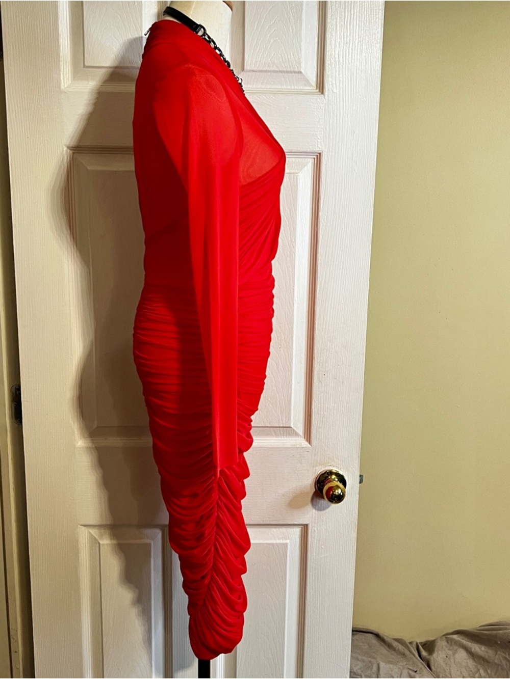 New Bardot Wms Aliyah Fire Red Sheer Ruched Crisscross L/S Coquette Midi Dress M - Picture 7 of 15